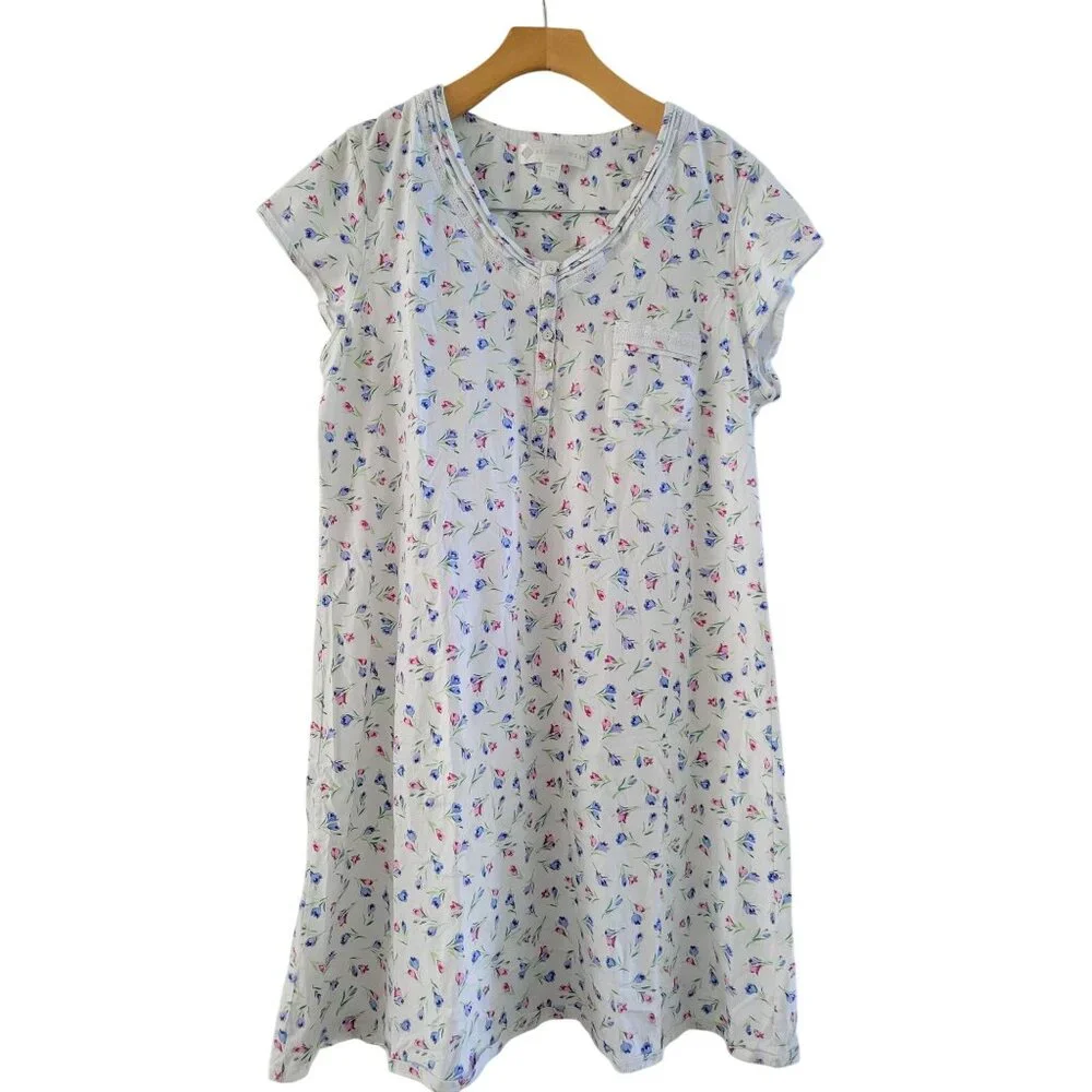 Eileen West Womens white blue Pink floral Traditional nightgown Large sleepwear